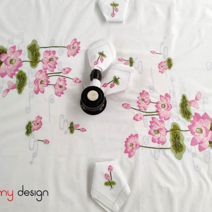 Rectangle pink lotus embroidery table cloth 300x180cm - include 12 napkins